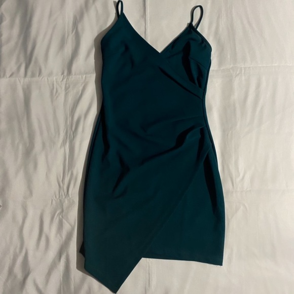 verdusa Dresses & Skirts - Verdusa Spaghetti Strap Dark Green Asymmetrical Faux Wrap Mini Dress